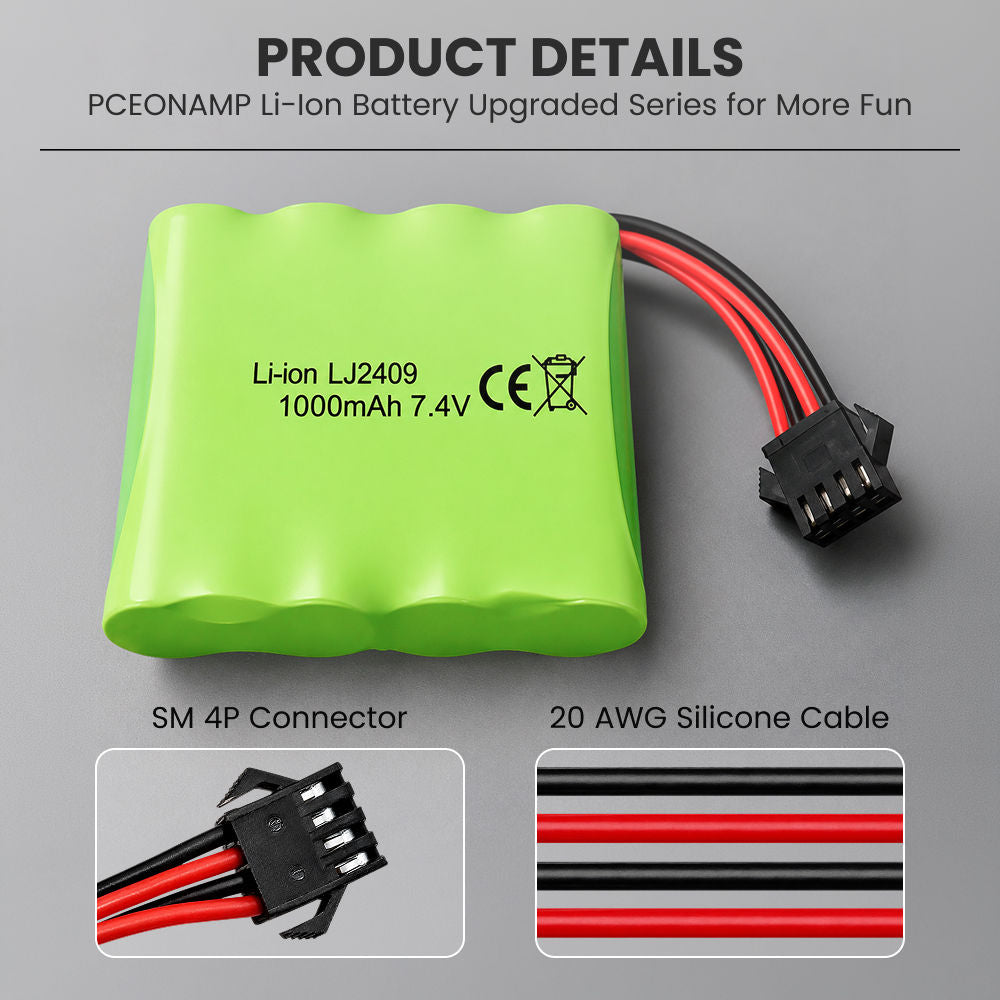 Replacement Battery with SM-4P Plug and Charger Cable for Monster RC Truck Remote Controlers (USB Charging Cable supports 5V 0.5-2A input USB)