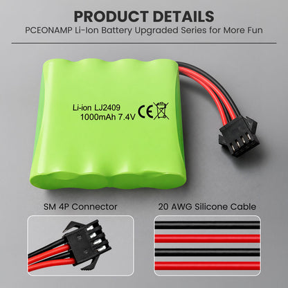 Replacement Battery with SM-4P Plug and Charger Cable for Monster RC Truck Remote Controlers (USB Charging Cable supports 5V 0.5-2A input USB)