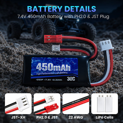 Replacement Battery for Axial SCX24 RC Truck and Most 1/10, 1/16, 1/18, 1/24 Scale RC Truck & Drone with JST & PH2.0 Plug