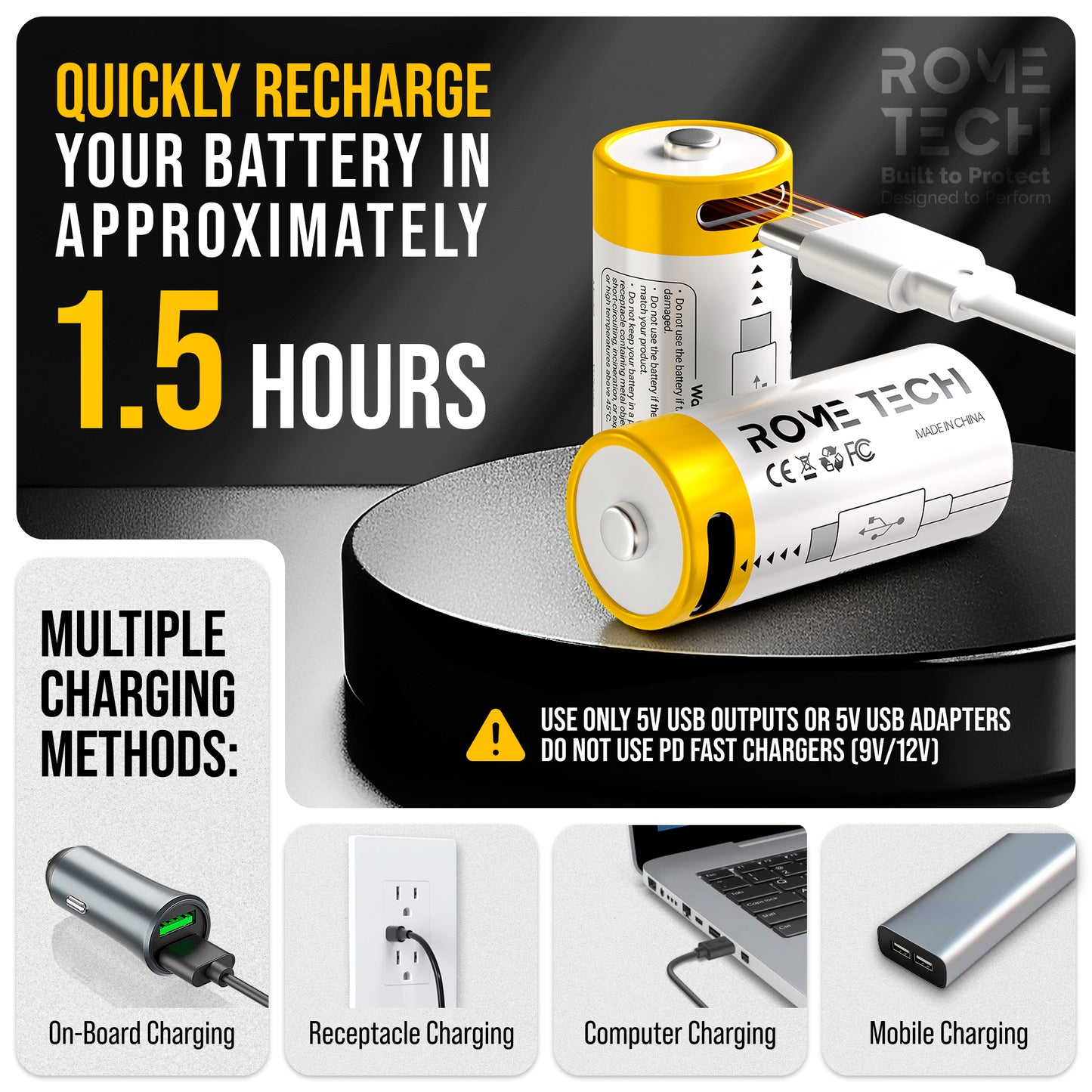 CR123A Rechargeable Batteries 3.7V 700 mAh with USB-C Charging Cable - 4 Pack