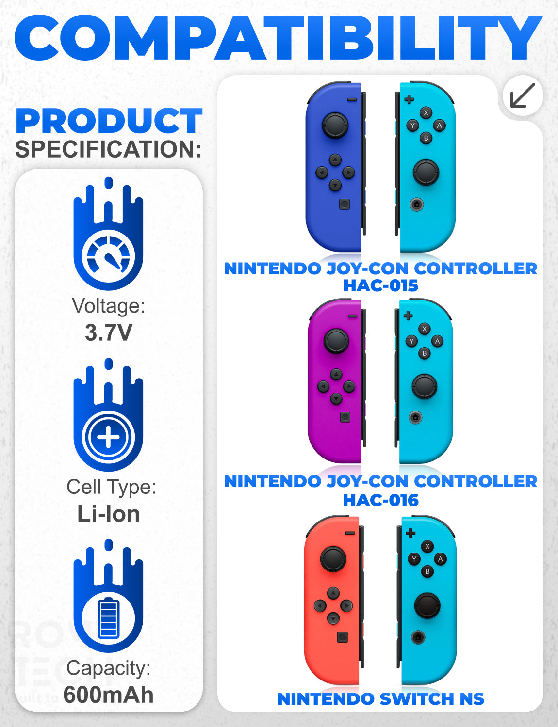 Replacement Battery for Nintendo Switch Joy-Con Controller (HAC-015, HAC-016) Set