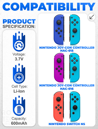 Replacement Battery for Nintendo Switch Joy-Con Controller (HAC-015, HAC-016) Set